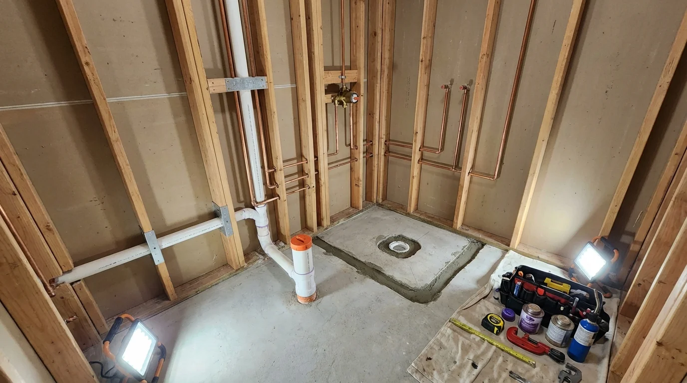 Bathroom rough-in plumbing during remodel by Johns Plumbing LLC in Davis Junction