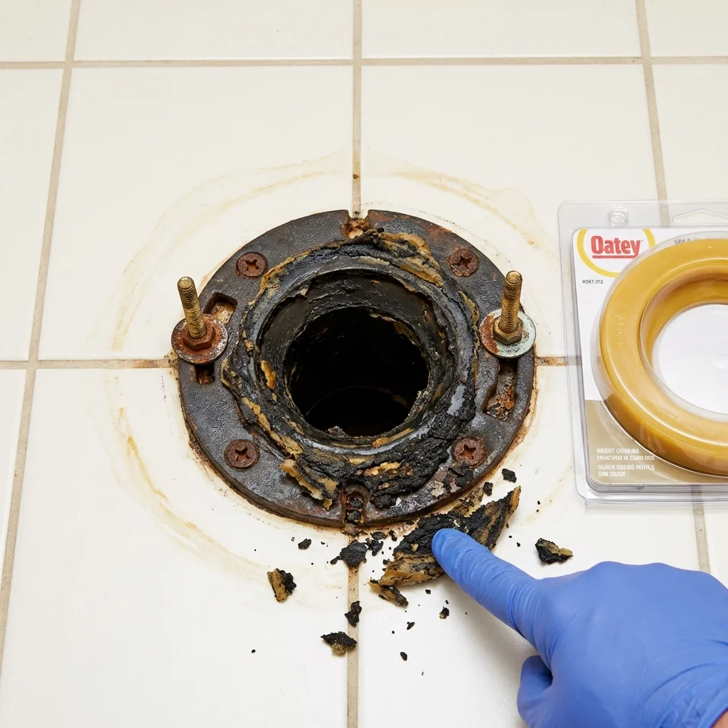 Failed wax ring showing water seepage at the base of a toilet in a Davis Junction, IL home