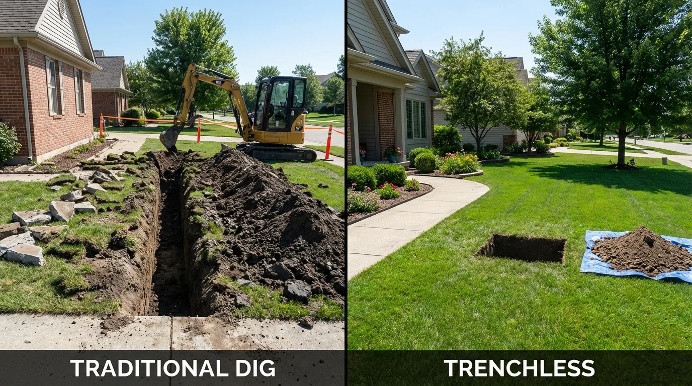Trenchless sewer repair with minimal yard damage versus traditional excavation in Davis Junction, IL